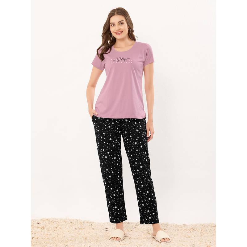 Quira Women Pink Pure Cotton Printed Top with Pyjama (L)