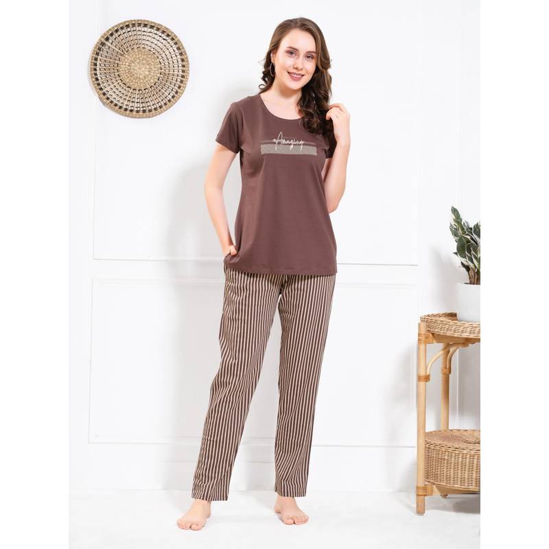 Quira Women Brown Pure Cotton Printed Top with Pyjama (S)