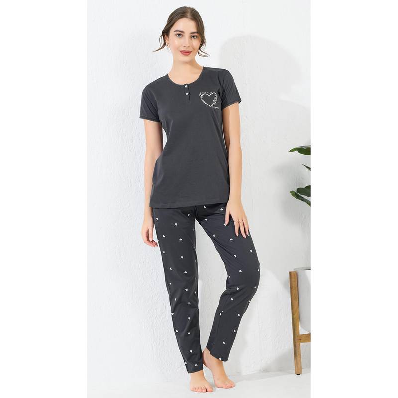 Quira Women Grey Pure Cotton Printed Top with Pyjama (M)