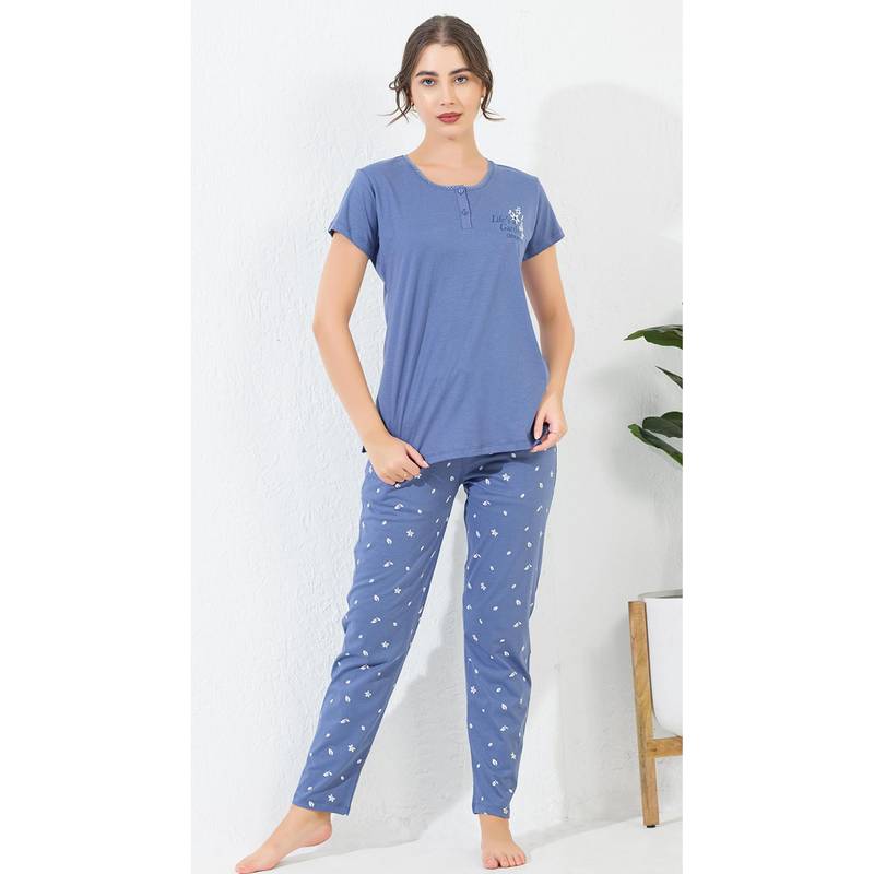 Quira Women Blue Pure Cotton Printed T-Shirt with Pyjama (L)
