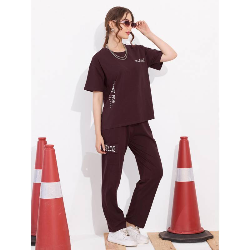 Quira Women Wine Pure Cotton Printed Top with Pyjama (XL)