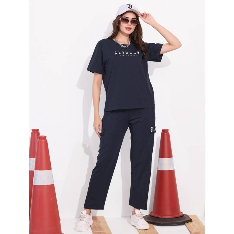 Quira Women Navy Blue Pure Cotton Printed Top with Pyjama (M)