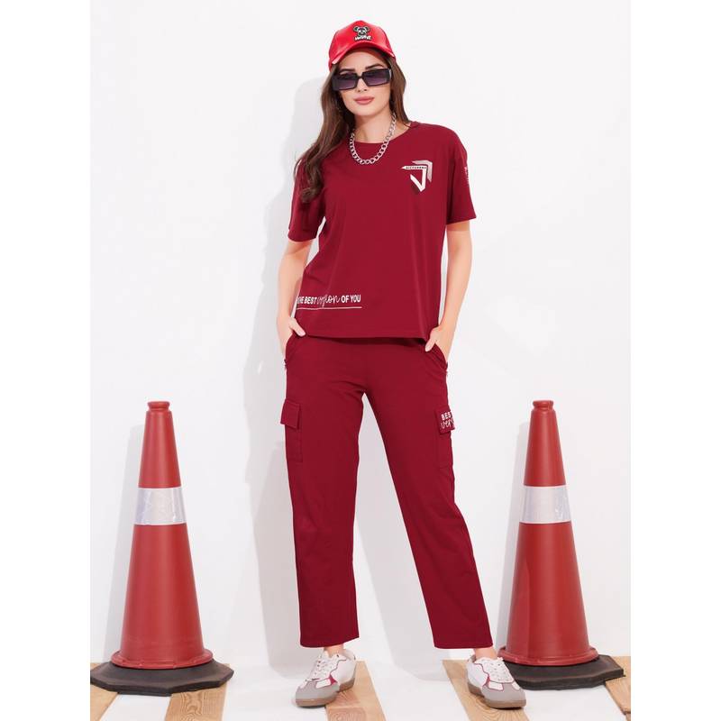 Quira Women Red Pure Cotton Printed Top with Pyjama (M)