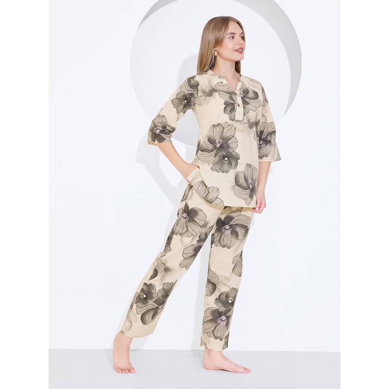 Quira Women Grey Linen Printed Top with Pyjama (M)