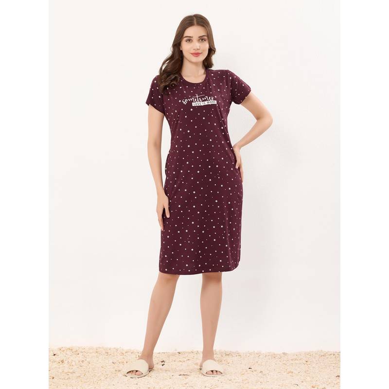 Quira Women Wine Pure Cotton Printed Nightdress (S)