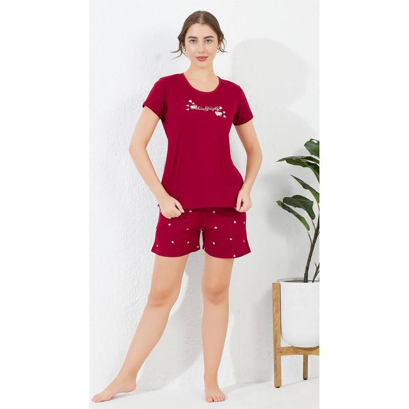 Quira Women Red Pure Cotton Printed T-Shirt with Shorts (S)