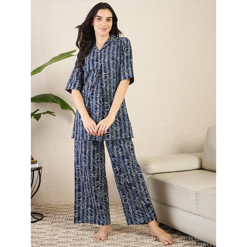 July Nightwear Women Blue Cotton Floral Kurti with Pyjama (S)