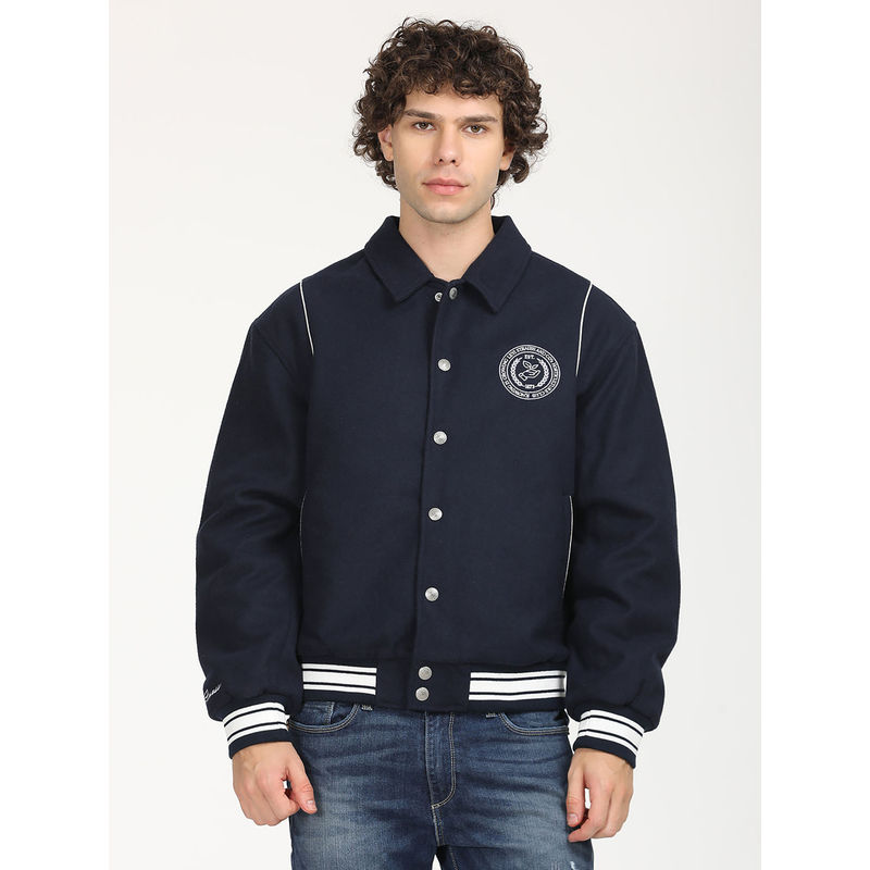 Levi's Men Solid Navy Blue Spread Collar Varsity Jacket (XL)
