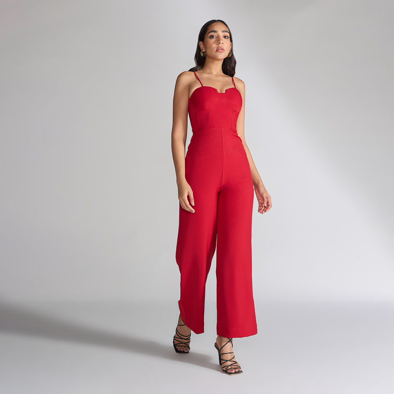 RSVP by Nykaa Fashion Red Sweetheart Neck Solid Jumpsuit (S)
