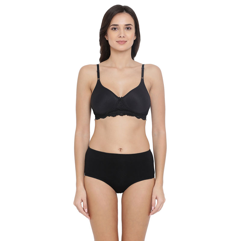 Clovia Cotton Rich Non-Wired Spacer Cup T-Shirt Bra & High Waist Hipster Panty - Black (40B)