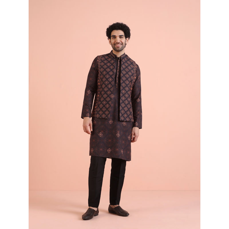 KISAH Mens Black Printed Kurta Jacket and Pant (Set of 3) (38)