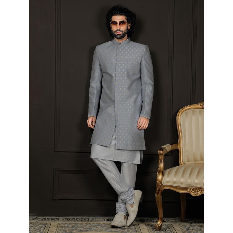 Vastramay Mens Aqua and Powder Blue Viscose Sherwani and Chudidar (Set of 2) (M)