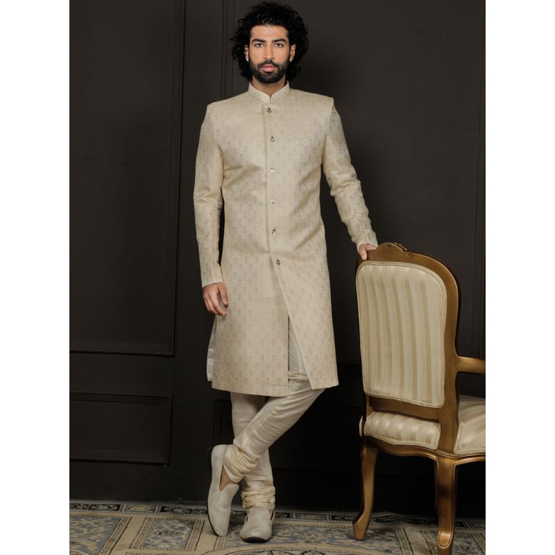 Vastramay Mens Gold and Cream Silk Blend Sherwani and Chudidar (Set of 2) (M)