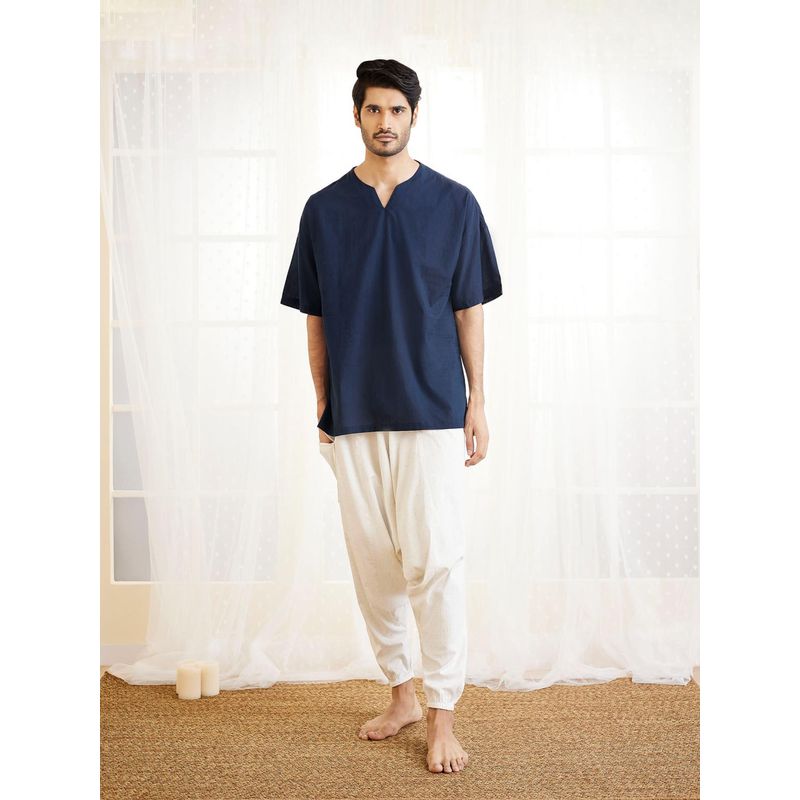 Vastramay Mens Navy Blue and White Cotton Kurta Pyjama (Set of 2) (M)