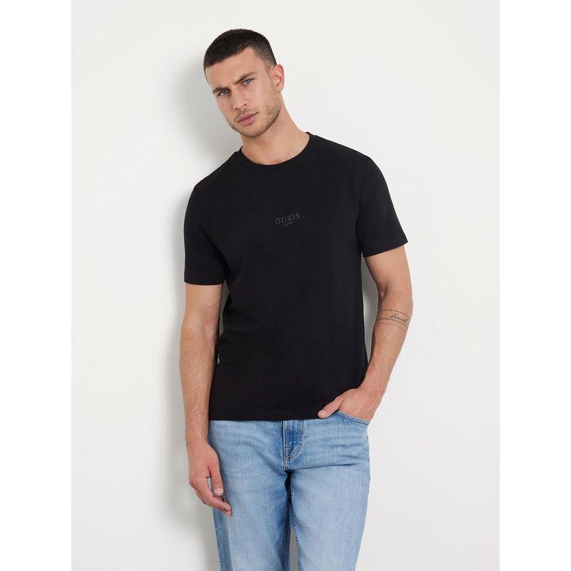 Guess Black Pure Cotton Solid Round Neck T-Shirt (L)