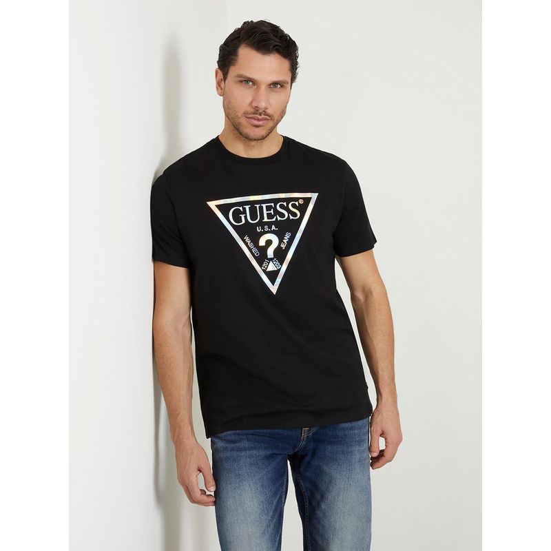 Guess Black Pure Cotton Printed Round Neck T-Shirt (S)