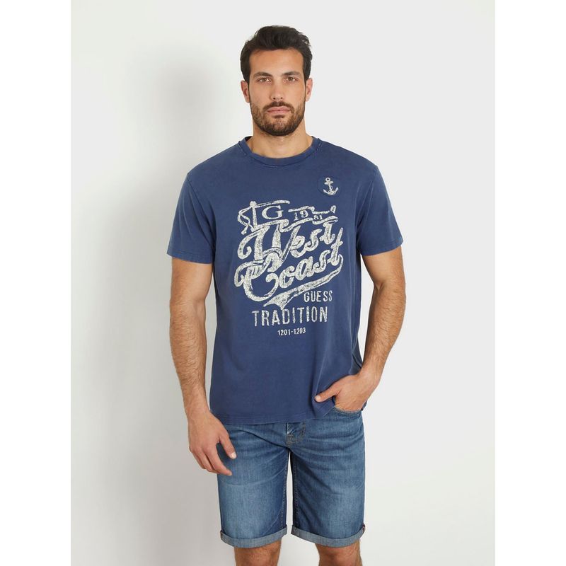 Guess Blue Pure Cotton Typography Printed Round Neck T-Shirt (L)