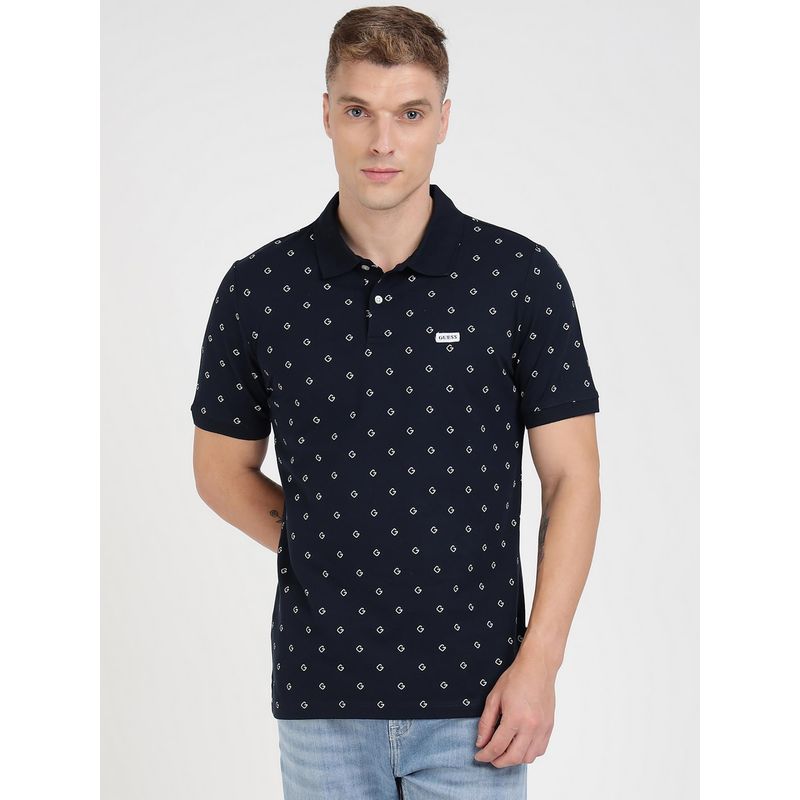 Guess Navy Blue Cotton Blend Printed Collar Neck Polo T-Shirt (S)