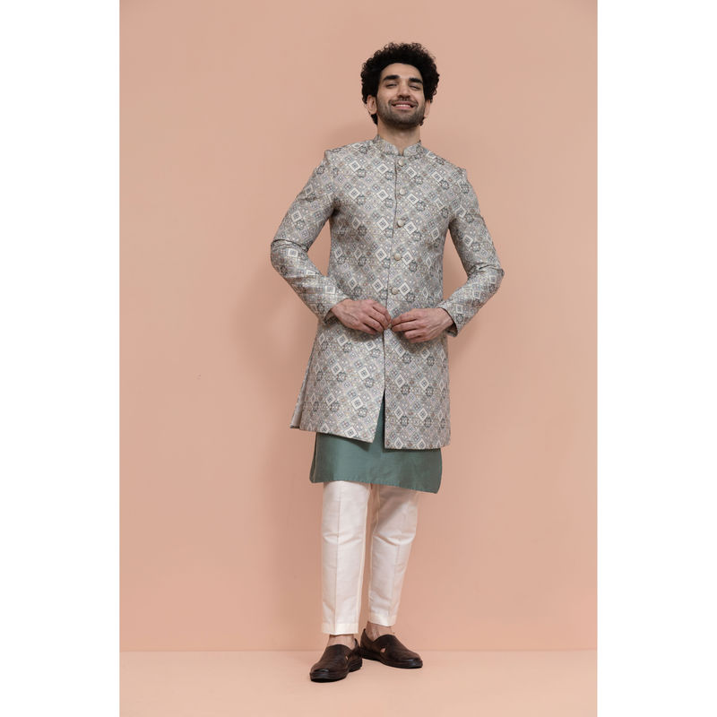 KISAH Men Off White Embroidered Kurta with Sherwani & Pant (38)