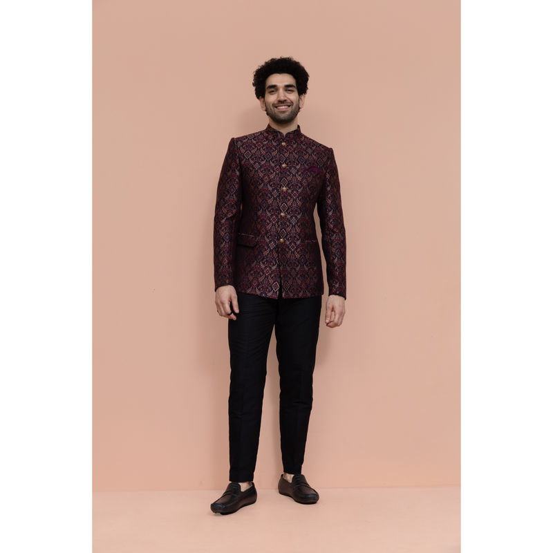 KISAH Men Maroon Self Design Jodhpuri Bandhgala with Pant (42)