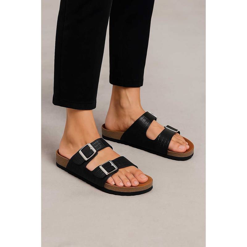 LYDC LONDON Women Black Pu Slip On Sandals (UK 8)