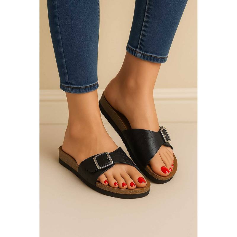 LYDC LONDON Women Black Pu Slip On Sandals (UK 4)