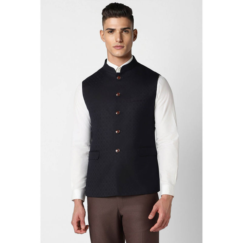 Van Heusen Men Black Textured Wedding Nehru Jacket (40)