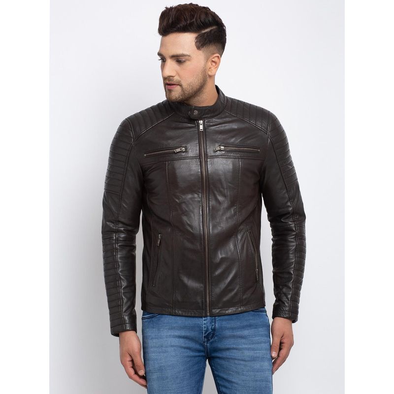 Teakwood Men Brown Solid Lightweight Genuine Leather Jacket (2XL)