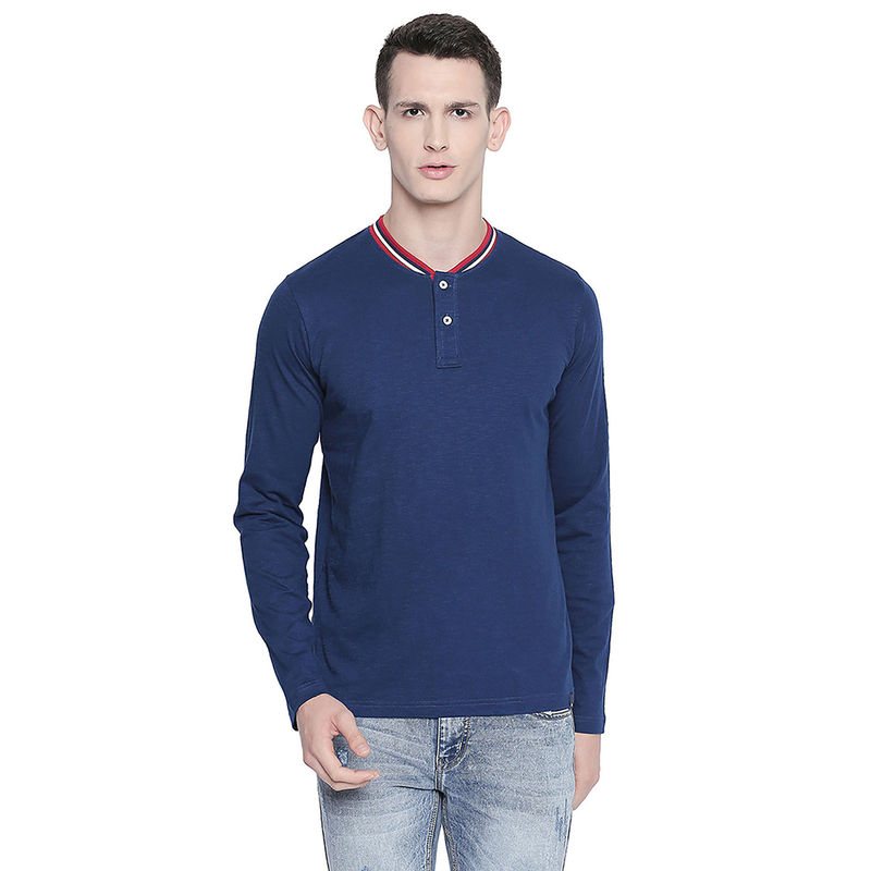Buy BASICS Slim Fit Estate Navy Blue Henley TShirt Online