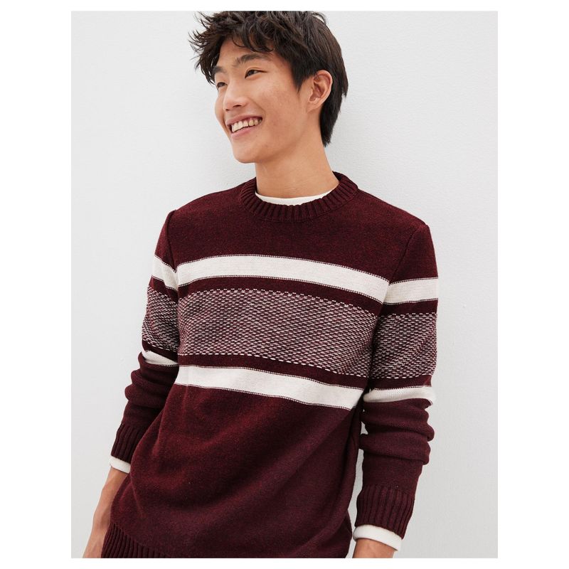 American Eagle Men Maroon Super Soft Striped Crew Neck Sweater (L)