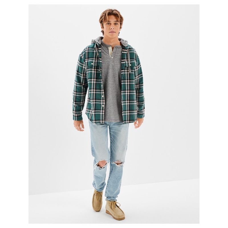 American Eagle Men Green Super Soft Hooded Flannel Shirt (M)