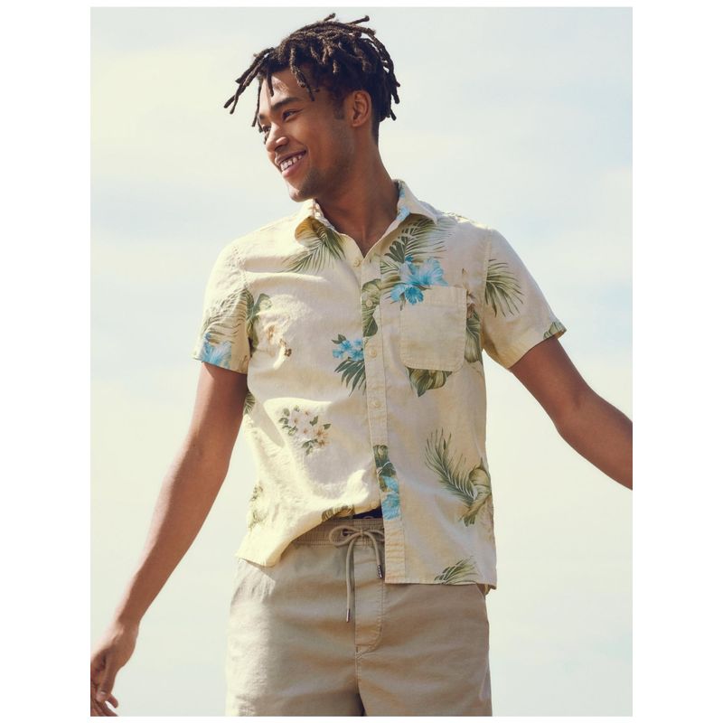 American Eagle Men Yellow Tropical Button Up Resort Shirt (L)