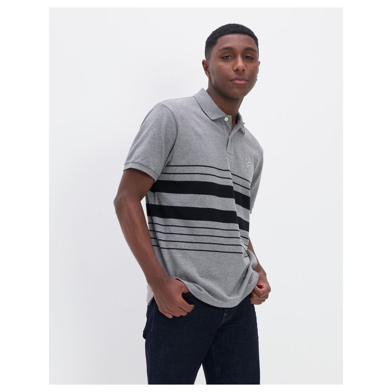 American Eagle Men Grey Striped Polo Shirt (2XL)