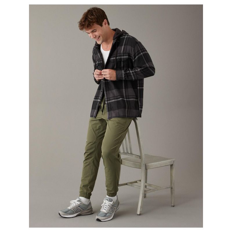 American Eagle Men Black Super Soft Hooded Flannel Shirt (XL)