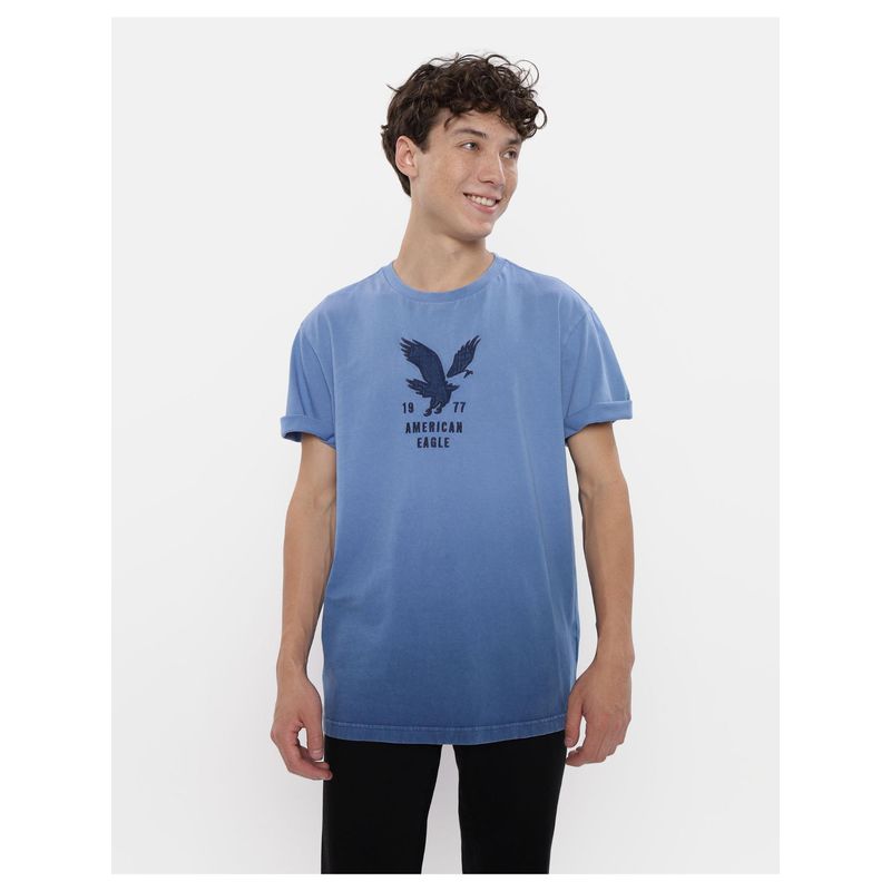 American Eagle Men Blue Super Soft Dip-Dye Logo Graphic T-Shirt (M)