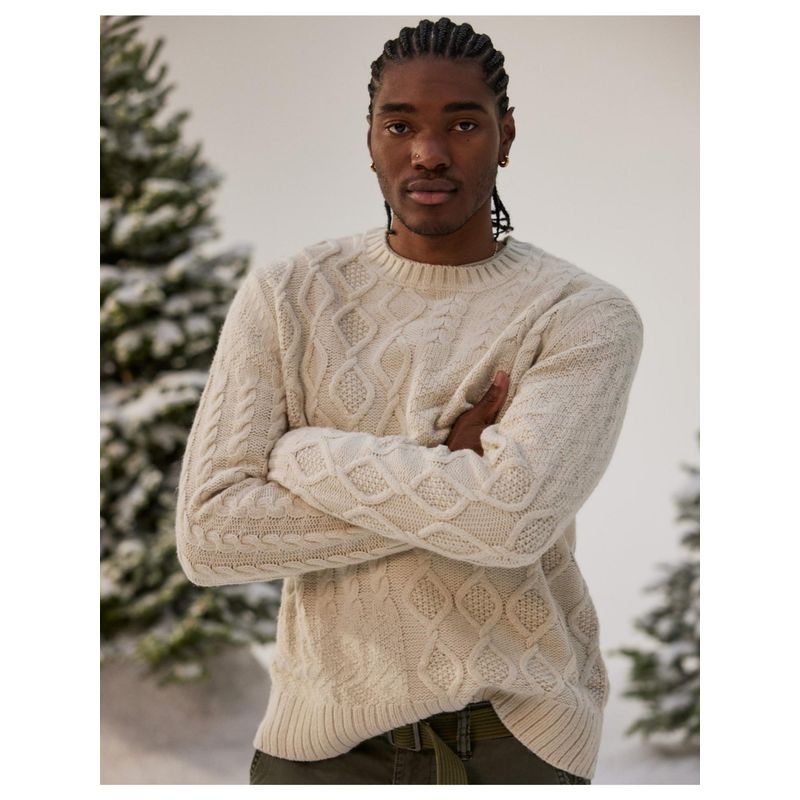 American Eagle Men Cream Super Soft Patchwork Cable Knit Crewneck Sweater (M)