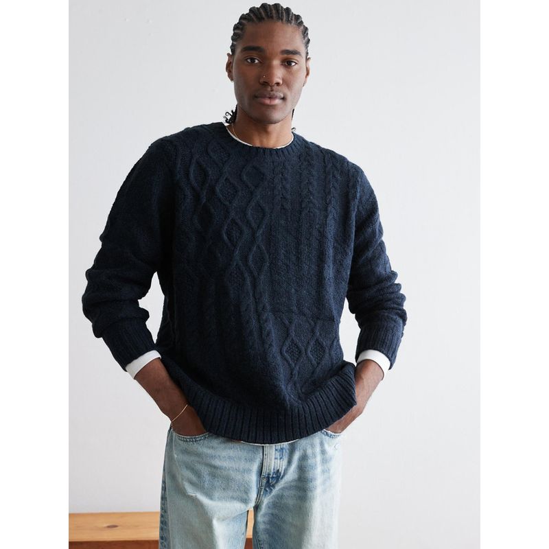 American Eagle Men Navy Super Soft Patchwork Cable Knit Crewneck Sweater (L)