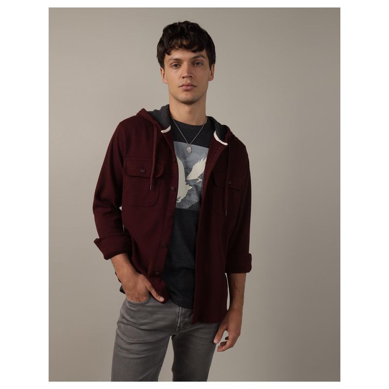 American Eagle Men Burgundy Super Soft Long-Sleeve Hooded Thermal Shirt (M)