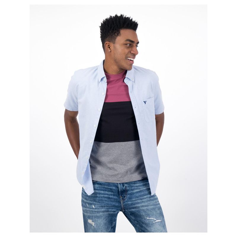 American Eagle Men Blue Half Sleeve Everyday Oxford Button-Up Shirt (XS)