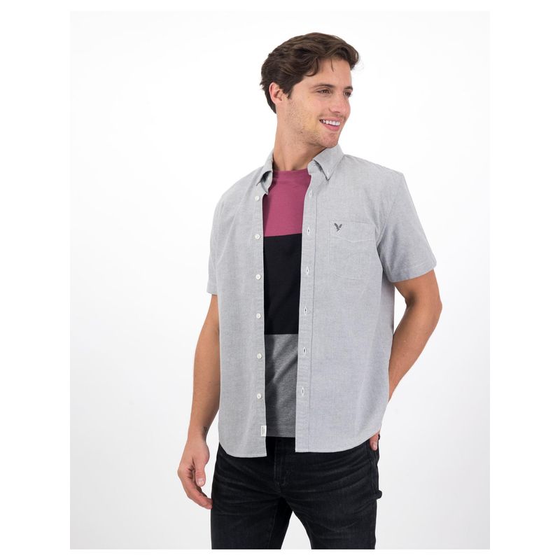 American Eagle Men Grey Short-Sleeve Everyday Oxford Button-Up Casual Shirt (XS)