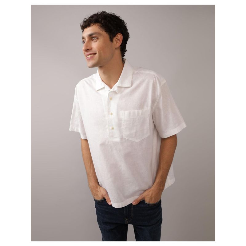 American Eagle Men White Linen-Blend Popover Shirt (L)