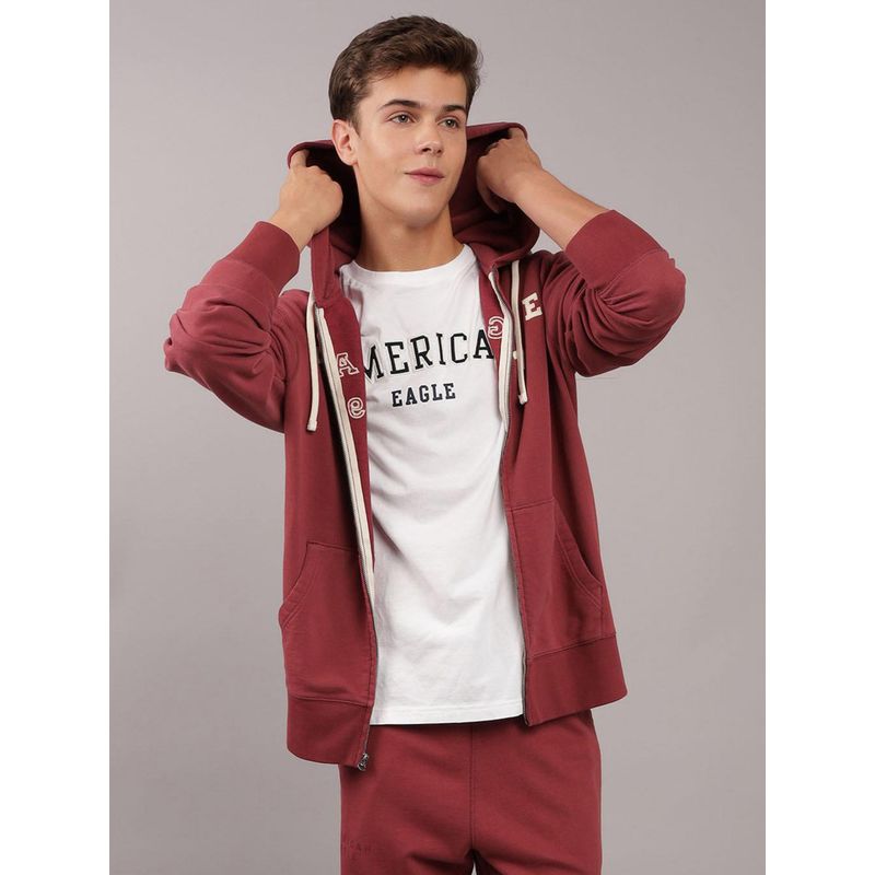 American Eagle Men Red Logo Graphic Zip-Up Hoodie (L)