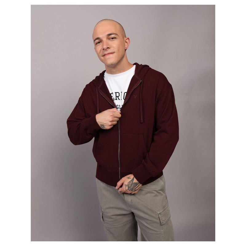 American Eagle Men Burgundy Fleece Zip-Up Hoodie (M)