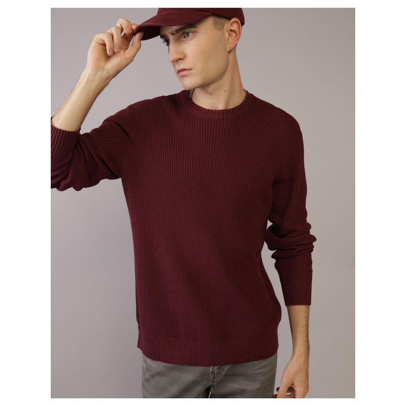 American Eagle Maroon Solid Round Neck Sweater (L)