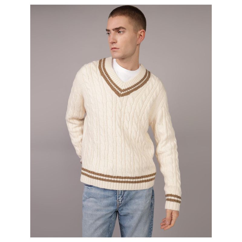 American Eagle White Textured V-Neck Sweater (L)