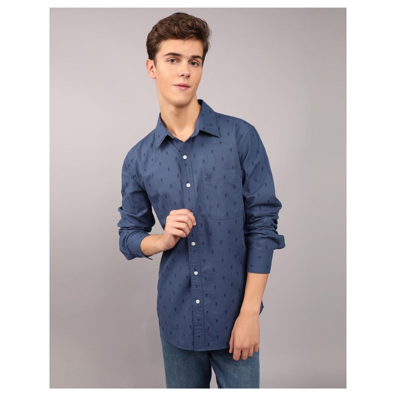 American Eagle Men Navy Blue Printed Slim Fit Everyday Button-Up Shirt (XS)