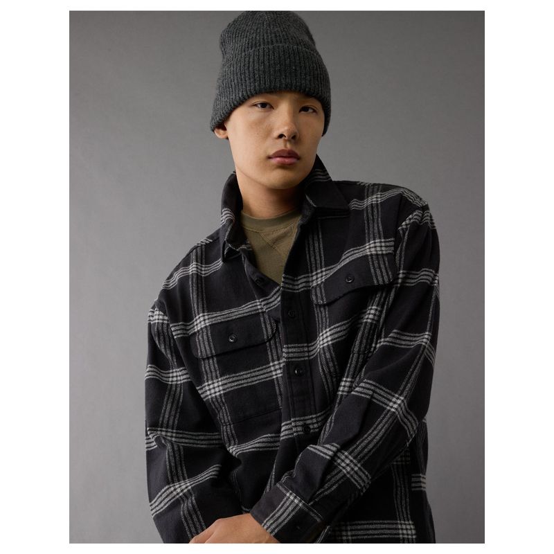 American Eagle Men Grey Fireside Flannel Shirt (XS)
