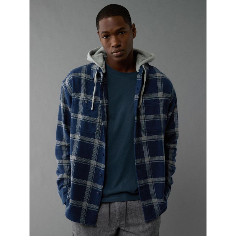 American Eagle Men Blue Hooded Flannel Shirt (XL)
