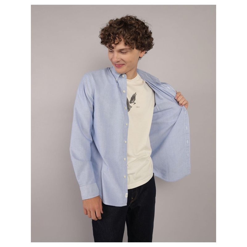 American Eagle Men Blue Slim Fit Solid Oxford Button-Up Shirt (S)