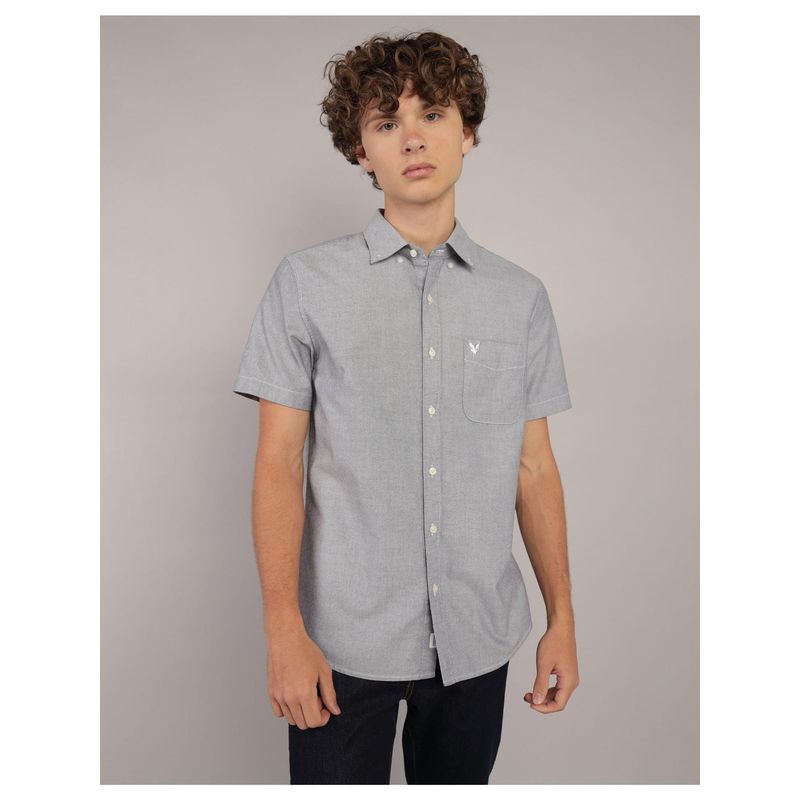 American Eagle Men Grey Solid Short-Sleeves Slim Fit Button-Up Shirt (L)